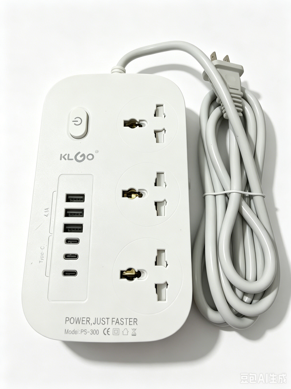 KLGO PS-300 2500W PowerHub, 3-Outlet Power Strip with USB-A & Type-C Ports, 2000mm Extended Cable, Surge Protection, Compact Charging Station for Home, Office and Travel