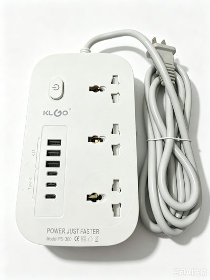 KLGO PS-300 2500W PowerHub, 3-Outlet Power Strip with USB-A & Type-C Ports, 2000mm Extended Cable, Surge Protection, Compact Charging Station for Home, Office and Travel