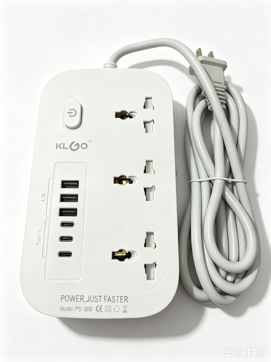 KLGO PS-300 2500W PowerHub, 3-Outlet Power Strip with USB-A & Type-C Ports, 2000mm Extended Cable, Surge Protection, Compact Charging Station for Home, Office and Travel