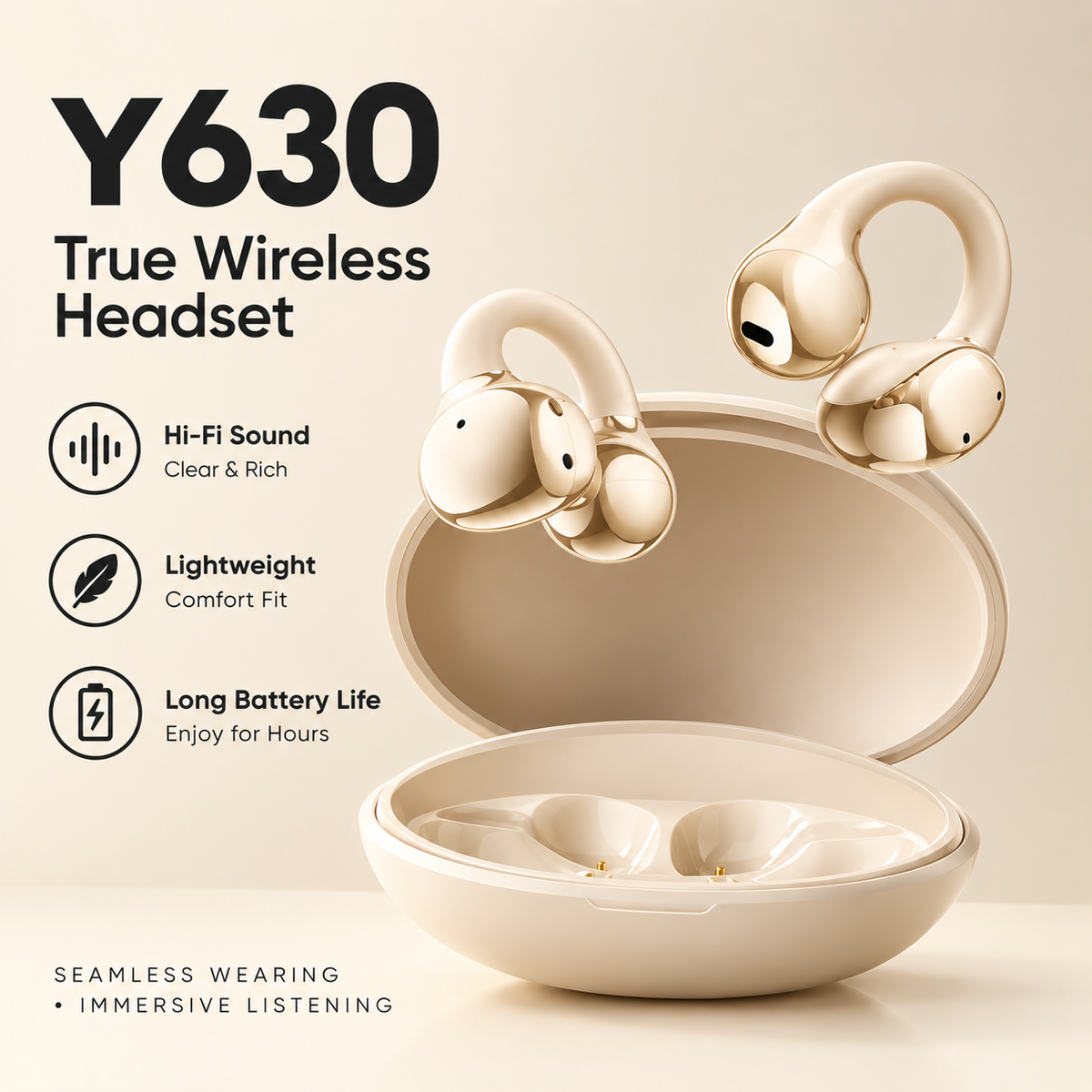 Y630 True Wireless Open Ear Clip-On Headphones | Hi-Res Audio, Bluetooth V6.0
