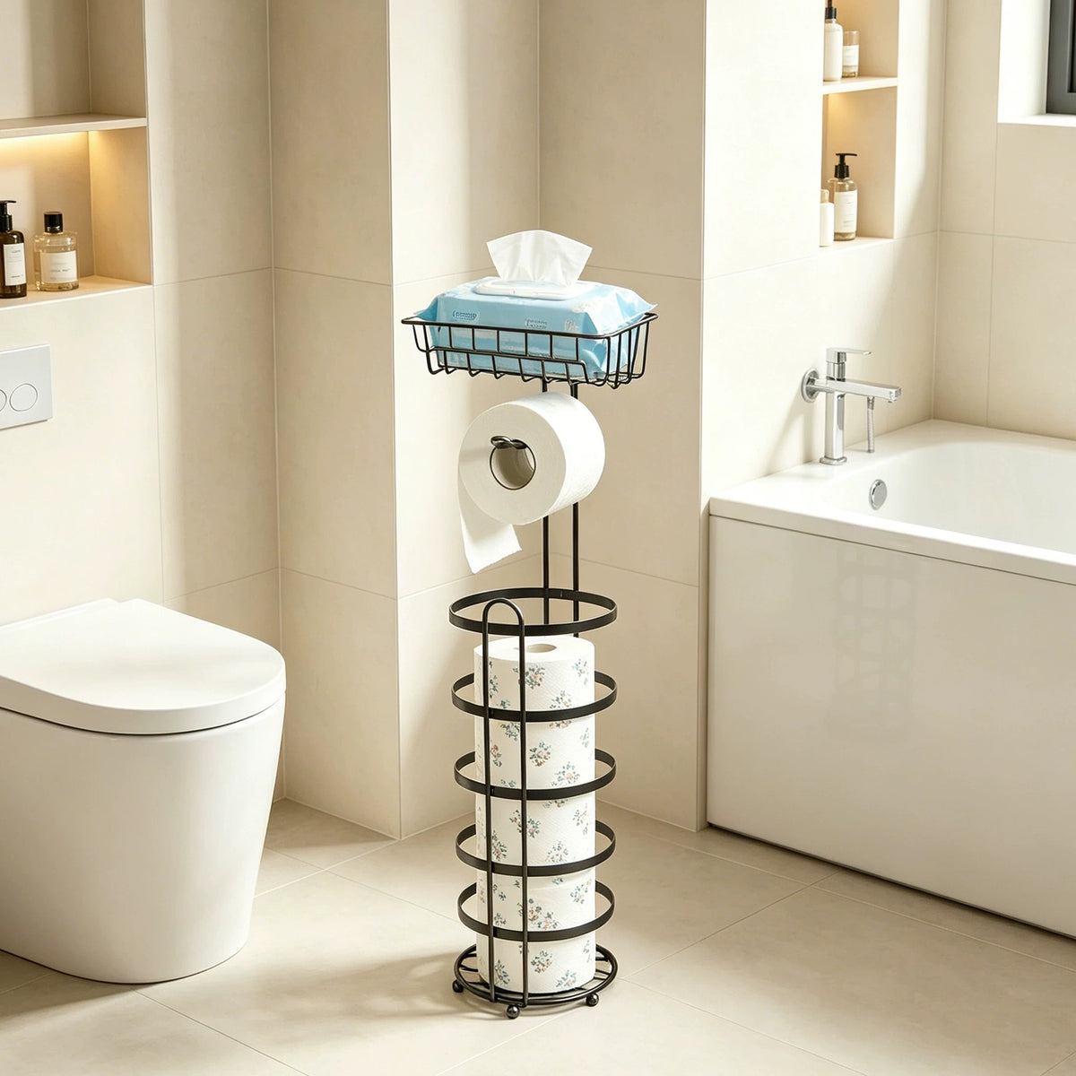 Freestanding Toilet Paper Holder, Bathroom Tissue Storage Rack with Top Storage Basket, Height 64cm