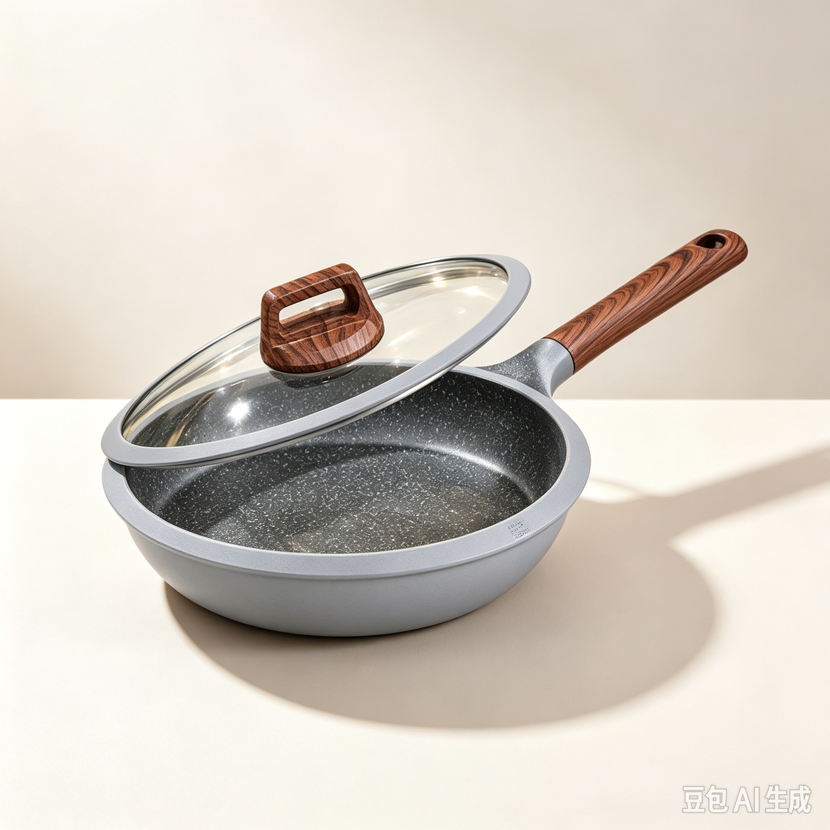 28cm Non-Stick Frying Pan with Tempered Glass Lid, Wood-Look Heat Resistant Handle, Even Heat Flat Base for Home Cooking
