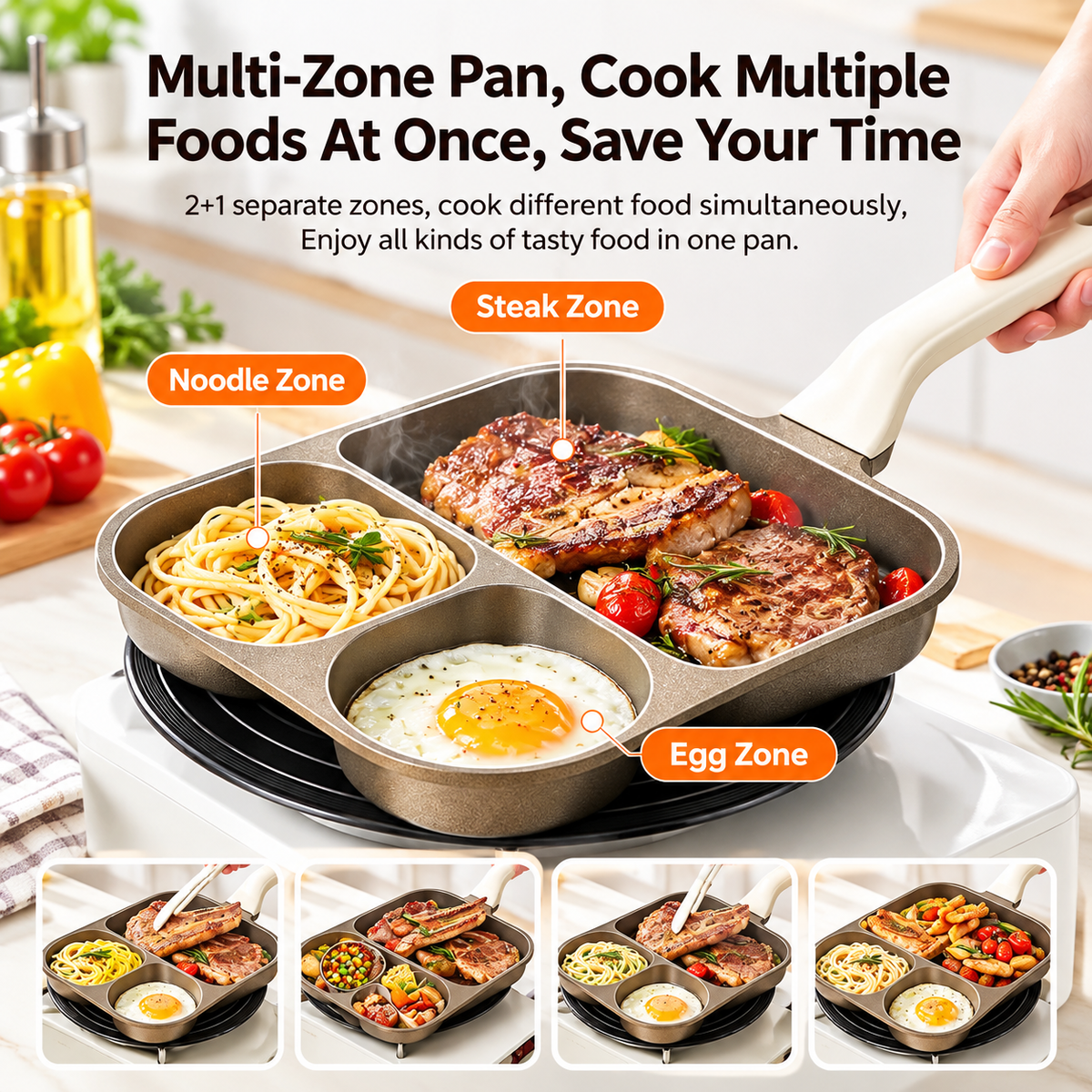 Non Stick 2+1 Divided Breakfast Frying Pan, Multi Zone Cooking Skillet with Detachable Handle, Includes Assembly Screwdriver, 400mm x 190mm