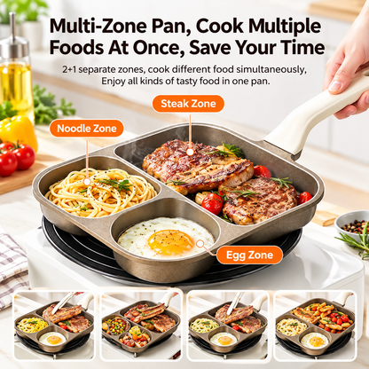 Non Stick 2+1 Divided Breakfast Frying Pan, Multi Zone Cooking Skillet with Detachable Handle, Includes Assembly Screwdriver, 400mm x 190mm