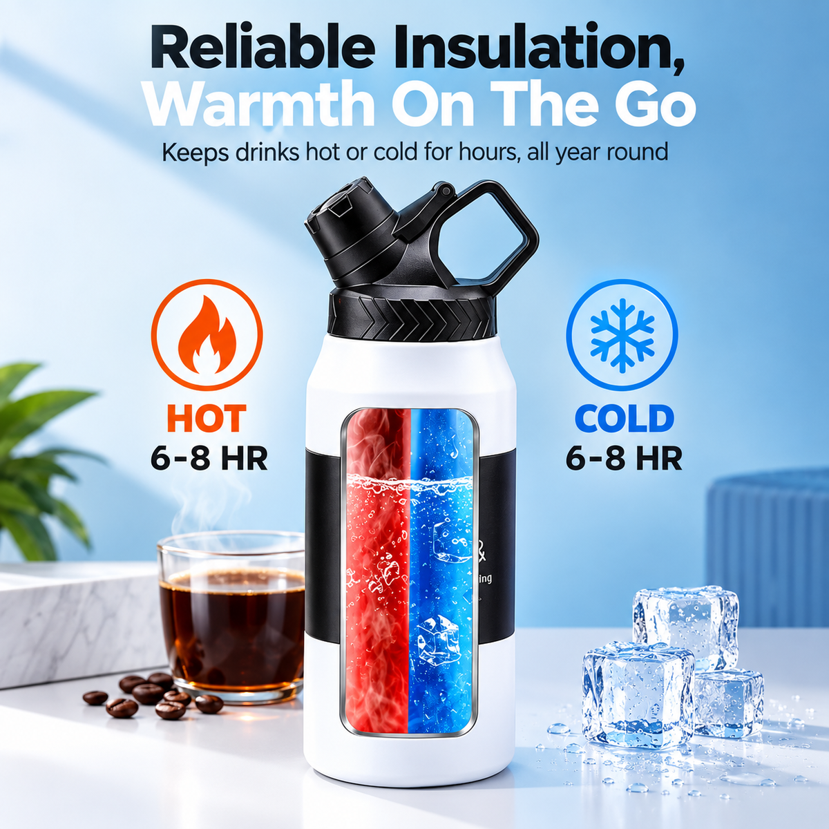 950ml 304 Stainless Steel Insulated Water Bottle, Flip Top Sports Tumbler with Portable Carry Handle