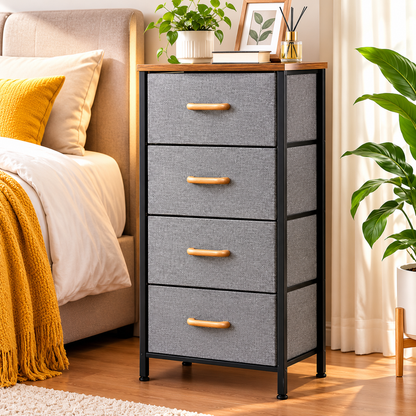 4-Drawer Fabric Storage Dresser, Tall Nightstand with Sturdy Metal Frame & Wood Top, Multi-scene Bedroom Organizer Cabinet