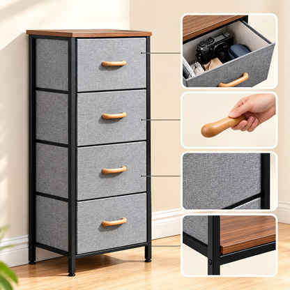 4-Drawer Fabric Storage Dresser, Tall Nightstand with Sturdy Metal Frame & Wood Top, Multi-scene Bedroom Organizer Cabinet