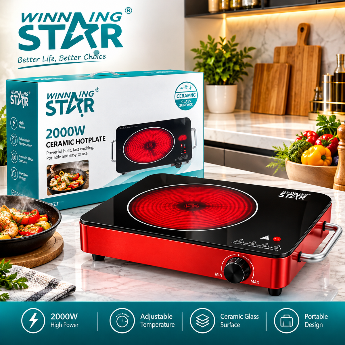 Winning Star 2000W Ceramic Hot Plate Electric Cooker, Multi-Purpose Cooking Stove ST-2331