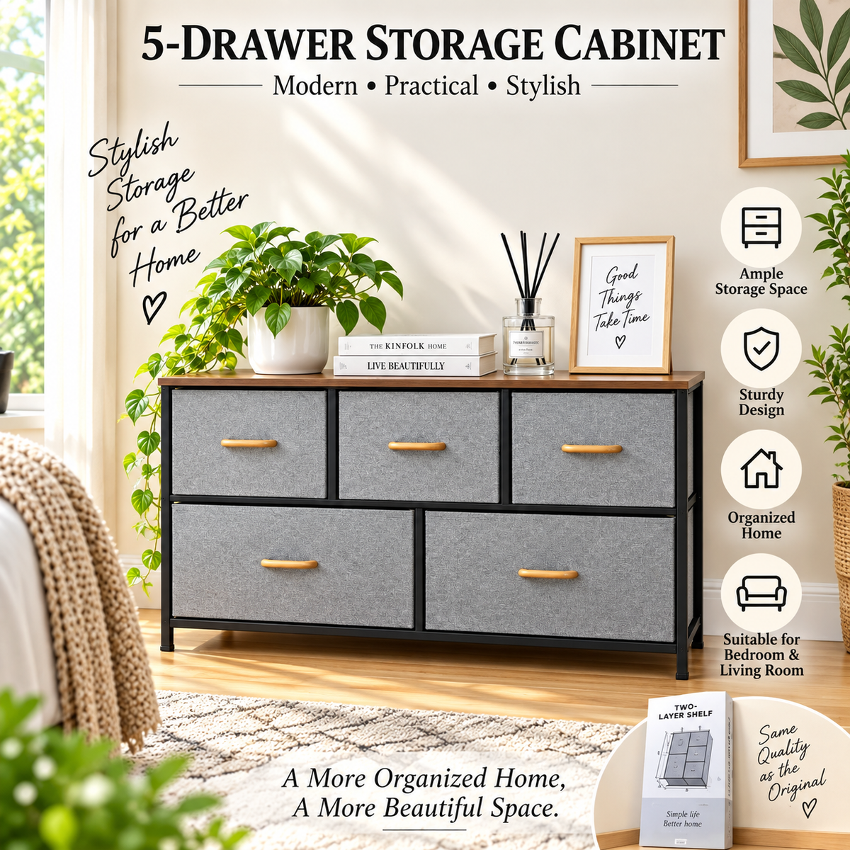 5-Drawer Fabric Storage Cabinet, Modern Chest of Drawers for Bedroom Living Room PY-812