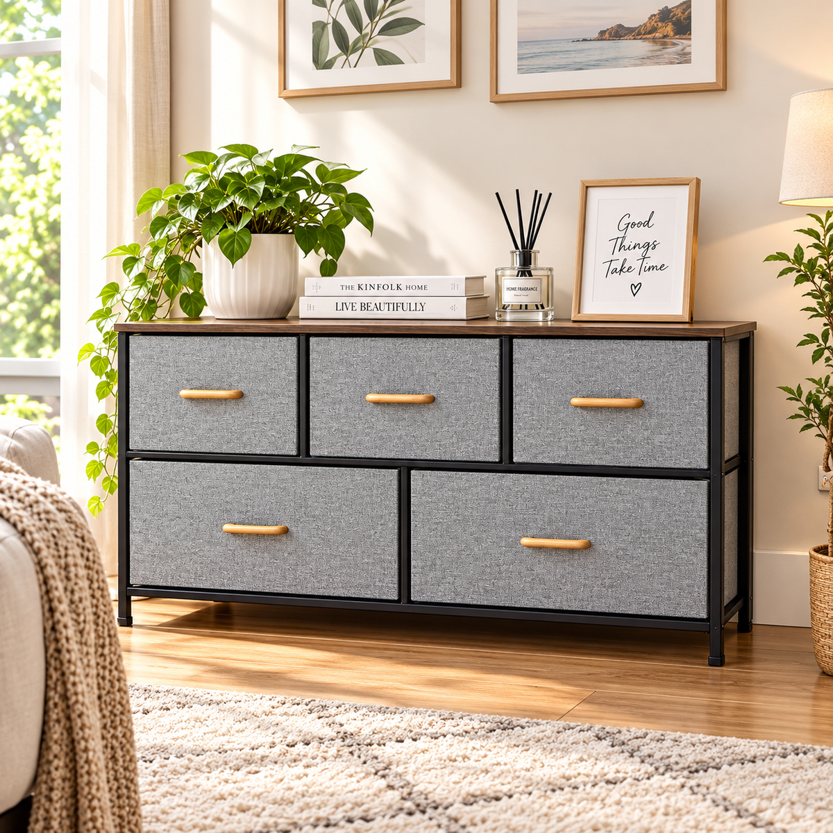 5-Drawer Fabric Storage Cabinet, Modern Chest of Drawers for Bedroom Living Room PY-812