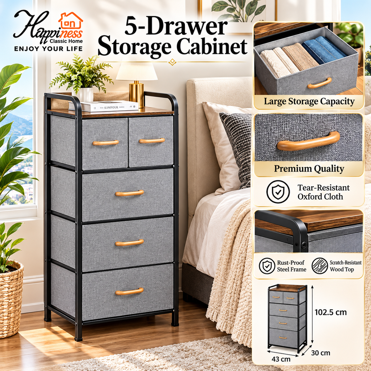 5-Drawer Vertical Fabric Storage Tower, Tall Bedroom Organizer Nightstand YP-807