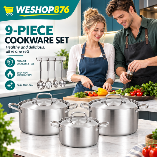 9-Piece All Stainless Steel Cookware Set with Stainless Steel Lids & Cooking Spoons, 3.4L / 6.5L /7.5L Stock Pots（ST-5100）