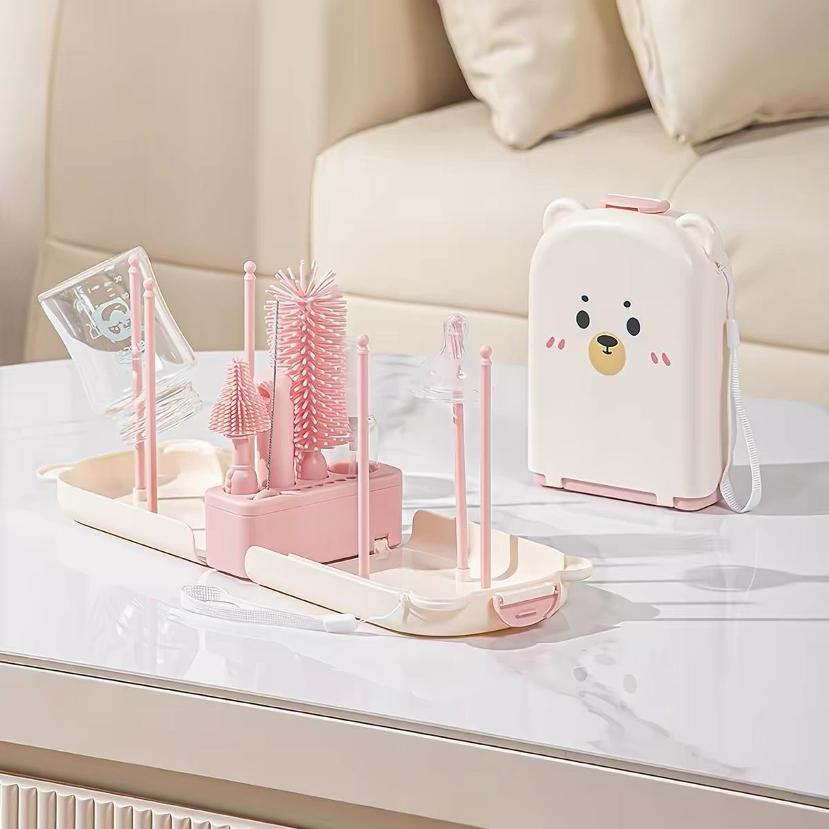 Portable Silicone Baby Bottle Brush Travel Set, Detachable Handle with Drying Rack