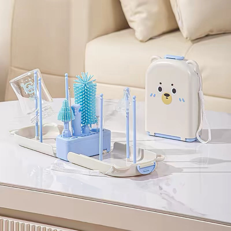 Portable Silicone Baby Bottle Brush Travel Set, Detachable Handle with Drying Rack