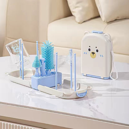 Portable Silicone Baby Bottle Brush Travel Set, Detachable Handle with Drying Rack
