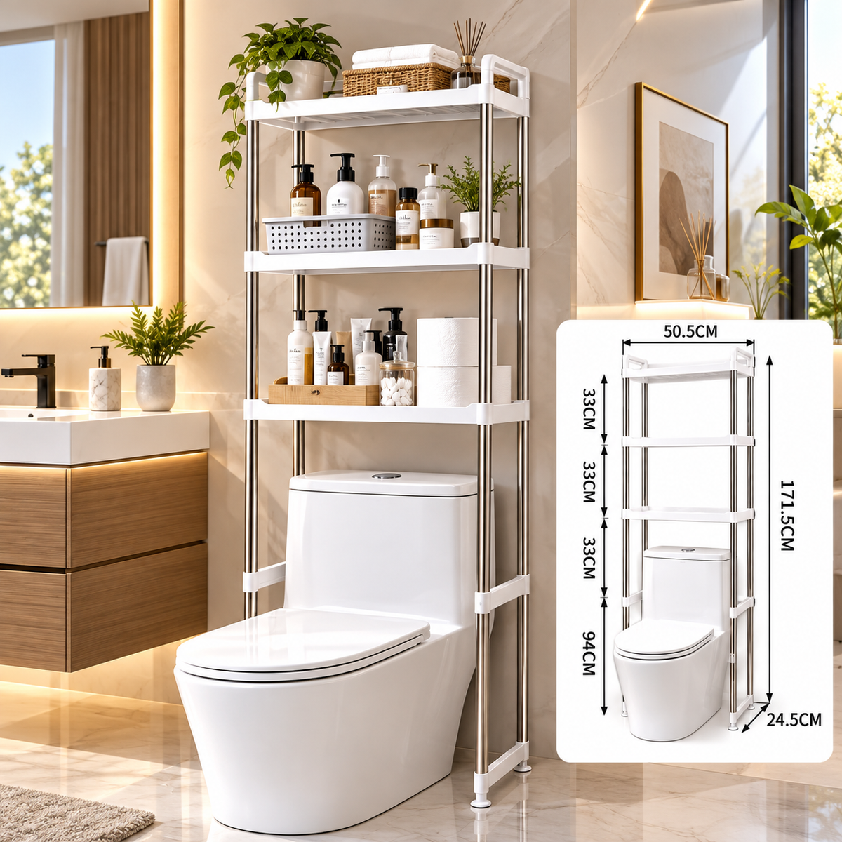 Luxury 3‑Tier Over‑the‑Toilet Storage Rack, Space‑Saving Bathroom Organizer for Modern Home，RJ-11-3