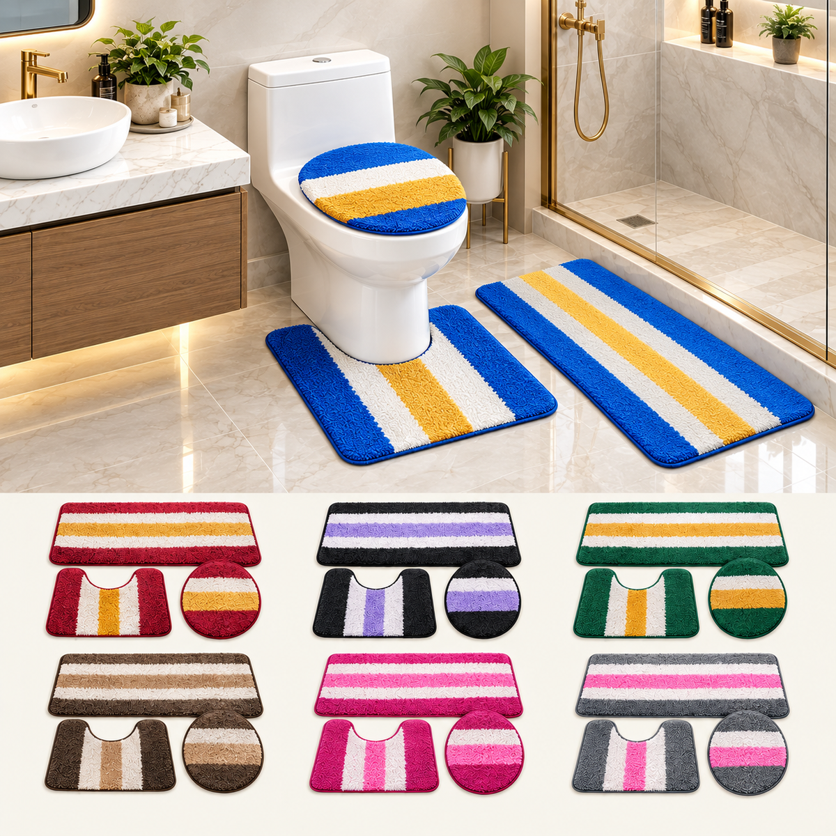 Luxury Fluffy Plush Soft Striped 3‑Piece Bathroom Mat Set, High‑Absorbent Non‑Slip Bath Rug Kit MT3‑005