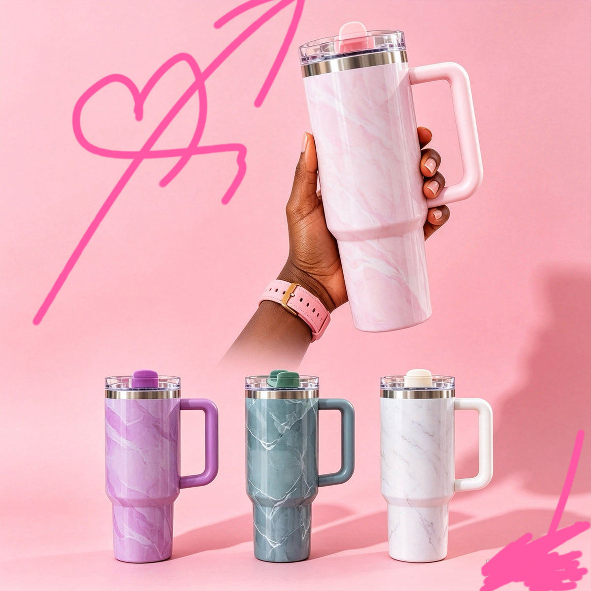 Fashion Trendy Stylish 1200ML Marble Pattern Vacuum Tumbler with Handle & Straw, Supports DIY with cup accessories