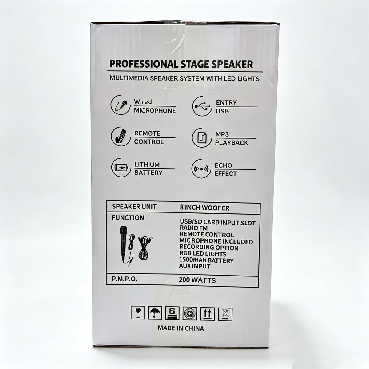 JBR-A09 8 Inch Portable Super Bass Bluetooth Speaker, LED RGB Light Party Speaker with Wired Microphone & Remote Control
