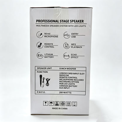 JBR-A09 8 Inch Portable Super Bass Bluetooth Speaker, LED RGB Light Party Speaker with Wired Microphone & Remote Control