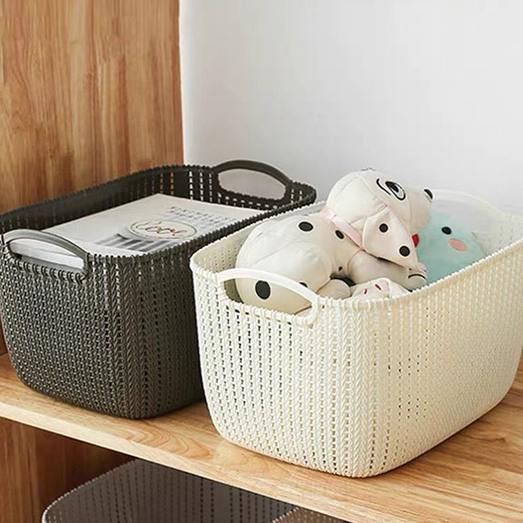 Stylish Imitation Rattan Woven Storage Basket with Handles, Multi-Purpose Home Organizer