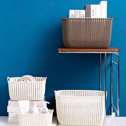 Stylish Imitation Rattan Woven Storage Basket with Handles, Multi-Purpose Home Organizer
