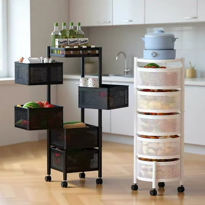 5-Tier 360° Rotating Kitchen Storage Rack, Rolling Carbon Steel Vegetable Fruit Organizer Cart with Wheels
