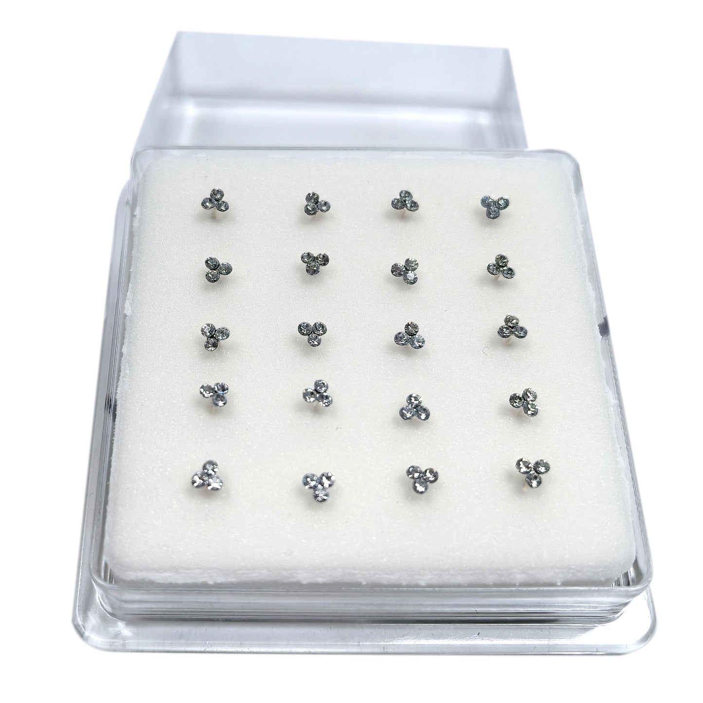 Silver Clover Nose Studs with Diamond 10 Pairs Box Set