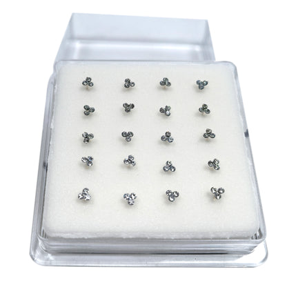 Silver Clover Nose Studs with Diamond 10 Pairs Box Set