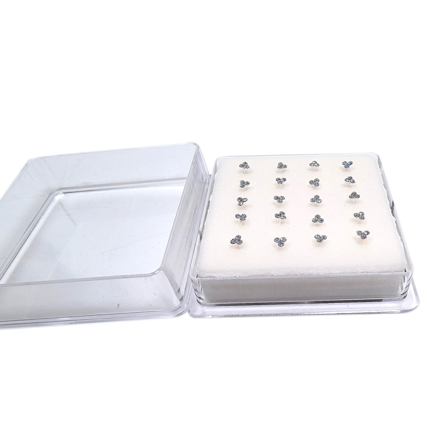 Silver Clover Nose Studs with Diamond 10 Pairs Box Set