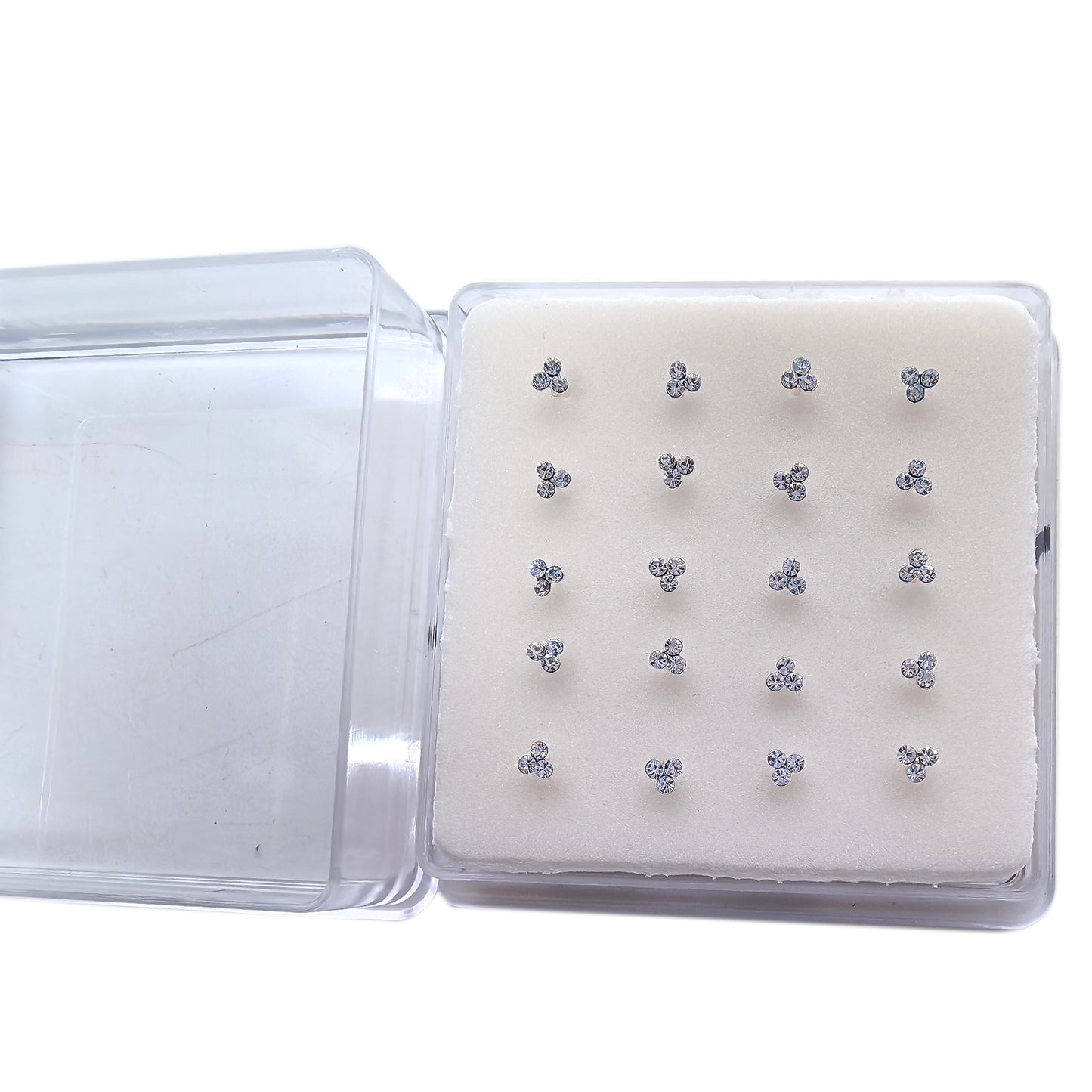 Silver Clover Nose Studs with Diamond 10 Pairs Box Set