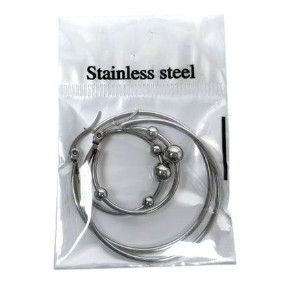 Stainless Steel 4 Pairs Hoop Earring Set: Beaded, Plain, Gold & Silver