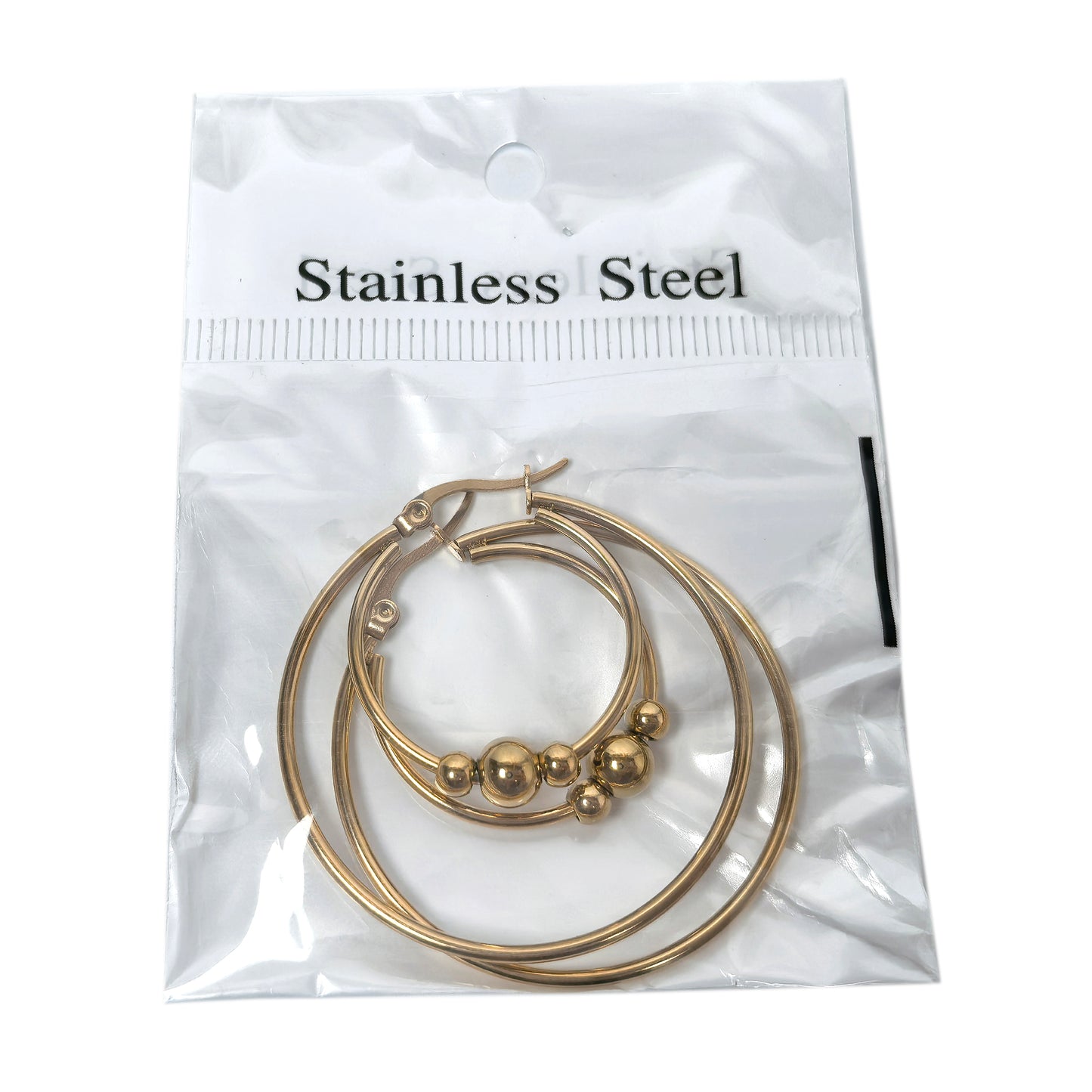 Stainless Steel 4 Pairs Hoop Earring Set: Beaded, Plain, Gold & Silver