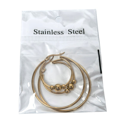 Stainless Steel 4 Pairs Hoop Earring Set: Beaded, Plain, Gold & Silver