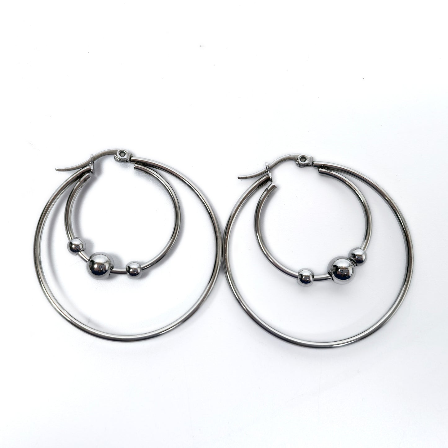 Stainless Steel 4 Pairs Hoop Earring Set: Beaded, Plain, Gold & Silver