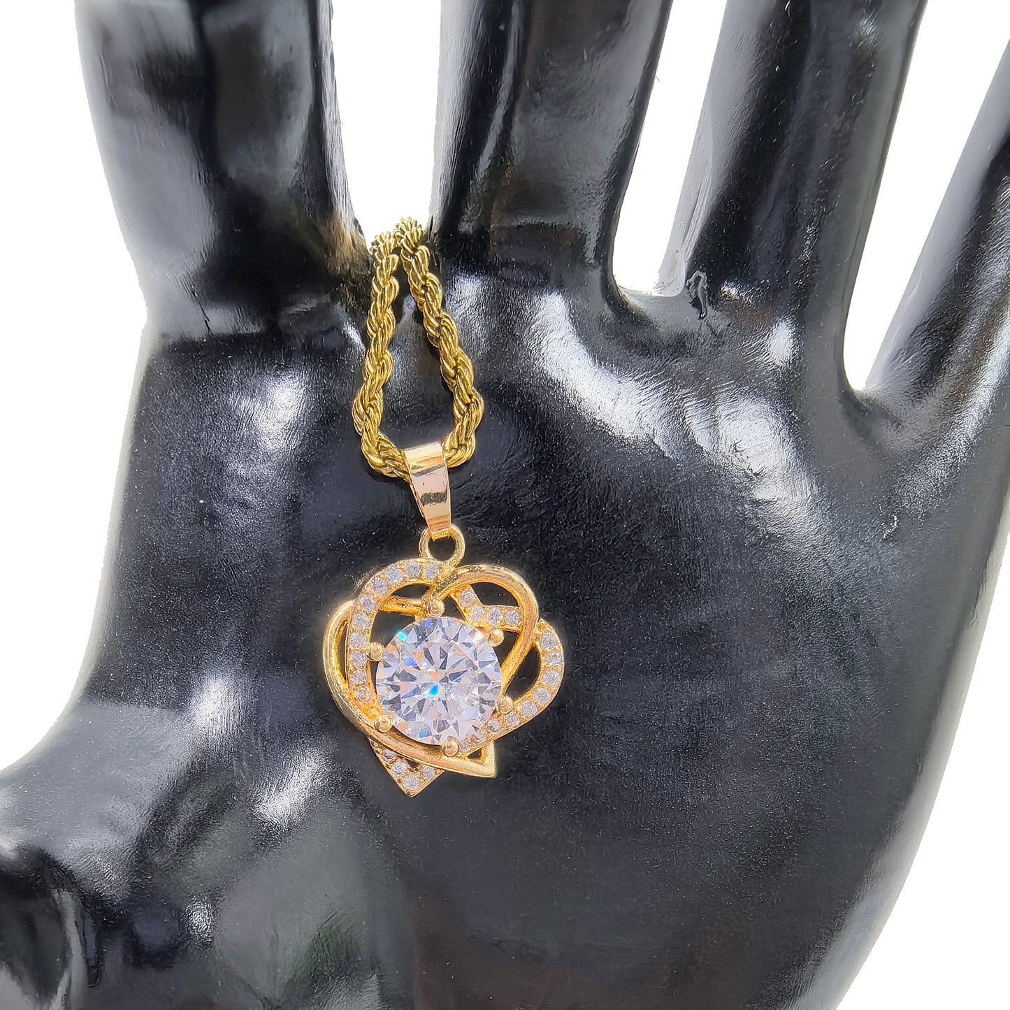 Romantic Shiny Zircon Double Love Heart Gold Plated Necklace