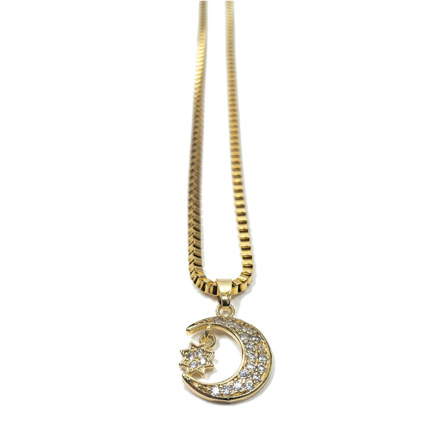 Star & Moon Zircon Gold Plated Necklace