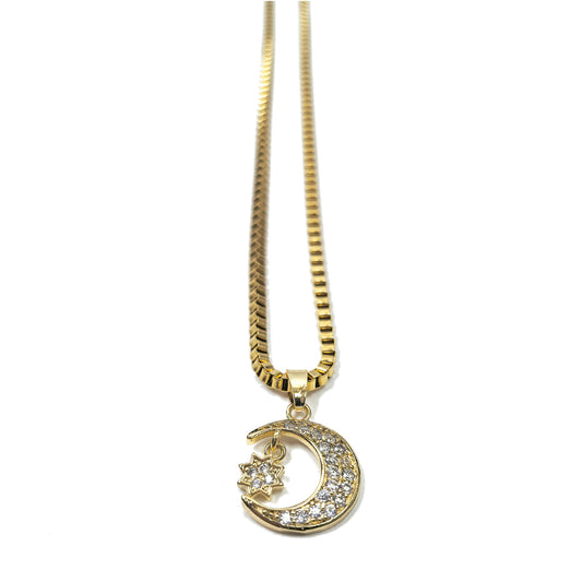 Star & Moon Zircon Gold Plated Necklace