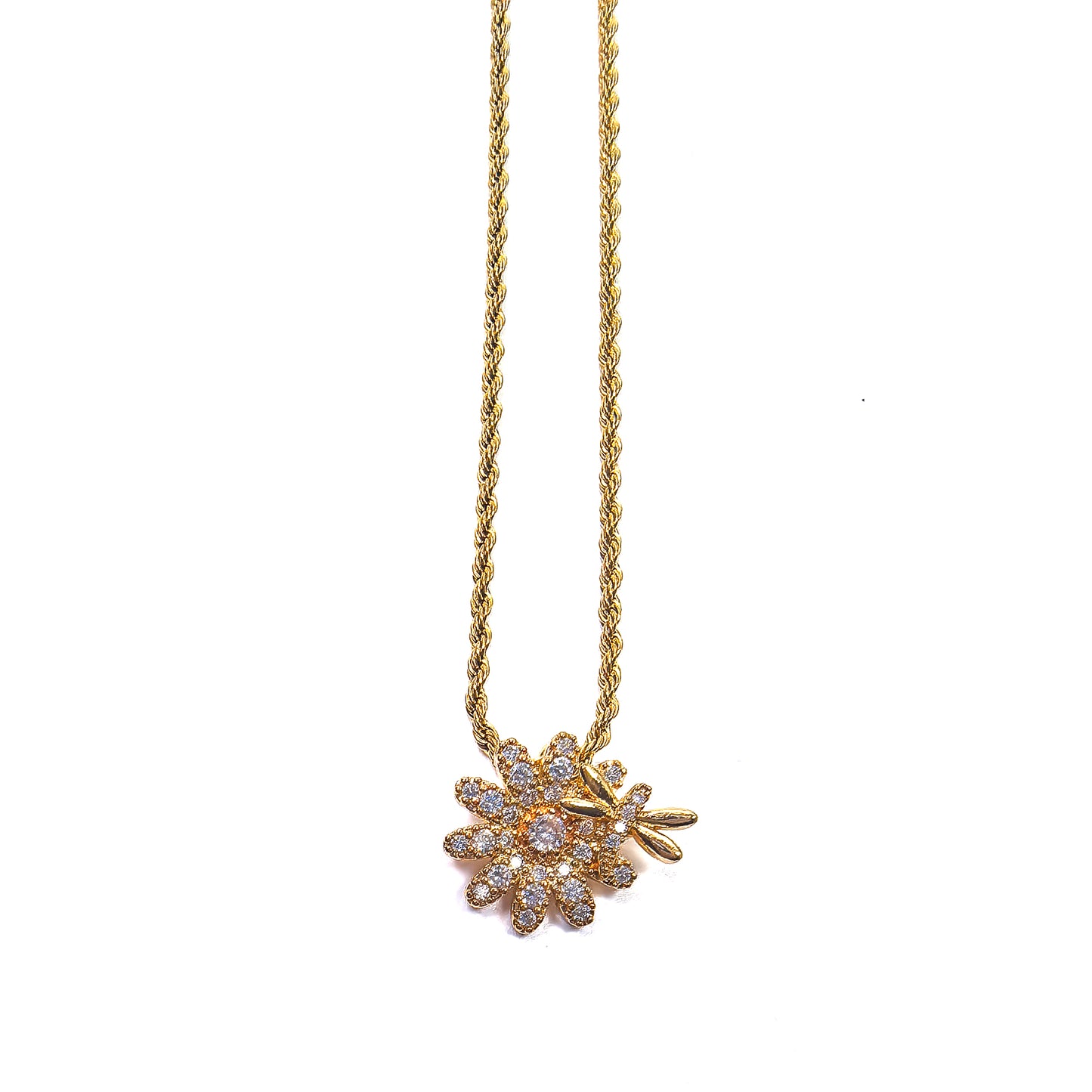 Gold Plated Flowers & Dragonfly Pendant Necklace