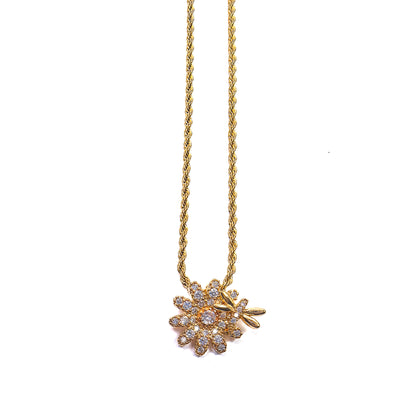 Gold Plated Flowers & Dragonfly Pendant Necklace