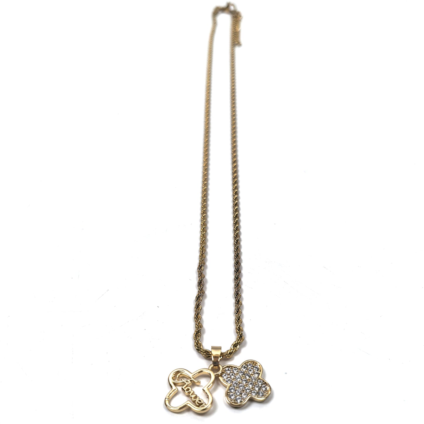 Double Four Leaf Clover Zircon Gold Plated Necklace