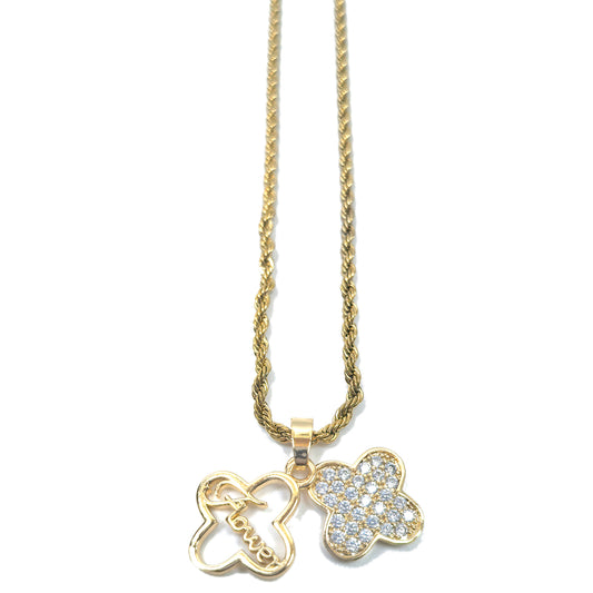 Double Four Leaf Clover Zircon Gold Plated Necklace