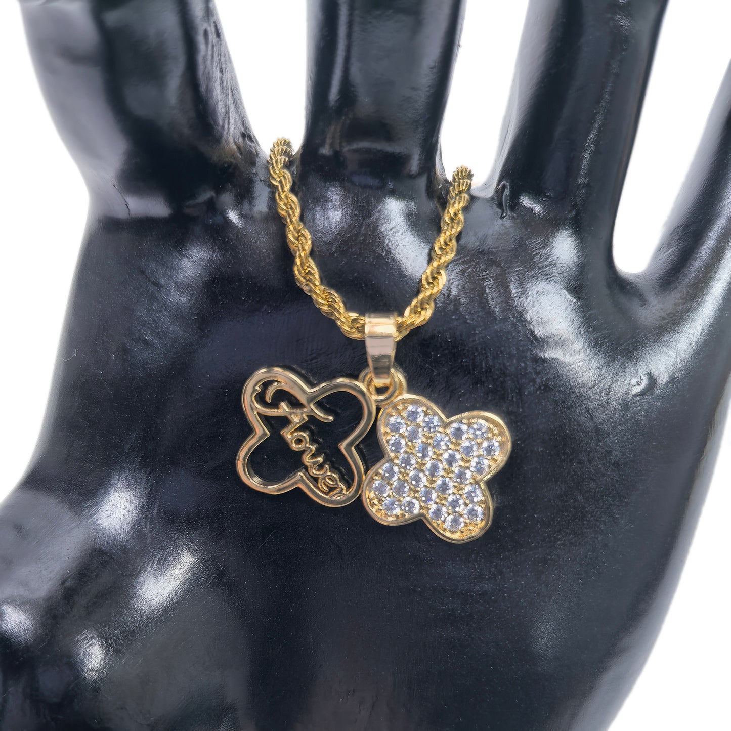 Double Four Leaf Clover Zircon Gold Plated Necklace