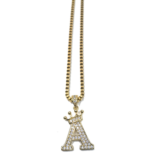Gold Plated Monogram A Crown Pendant Necklace with Cubic Zirconia