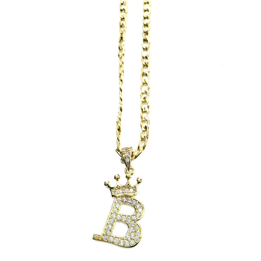 Gold Plated Monogram B Crown Pendant Necklace with Cubic Zirconia