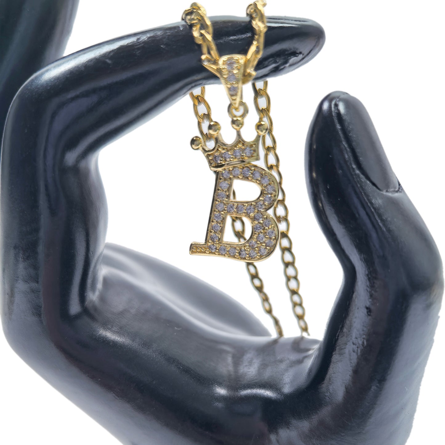 Gold Plated Monogram B Crown Pendant Necklace with Cubic Zirconia