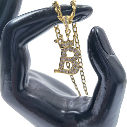 Gold Plated Monogram B Crown Pendant Necklace with Cubic Zirconia