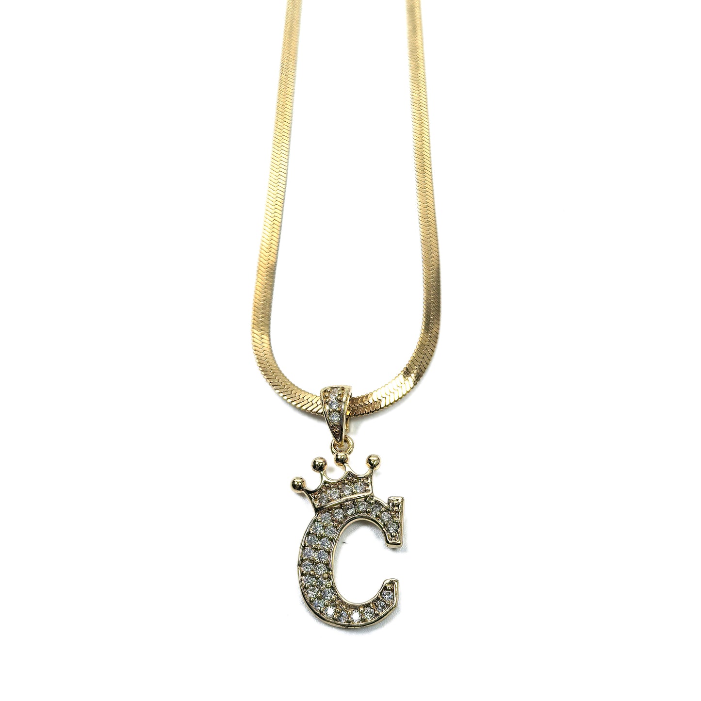 Gold Plated Monogram C Crown Pendant Necklace with Cubic Zirconia
