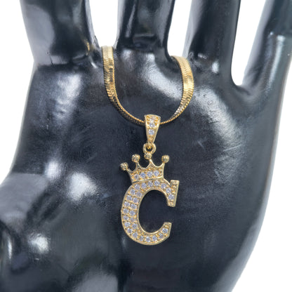 Gold Plated Monogram C Crown Pendant Necklace with Cubic Zirconia