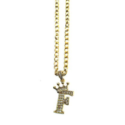 Gold Plated Monogram F Crown Pendant Necklace with Cubic Zirconia